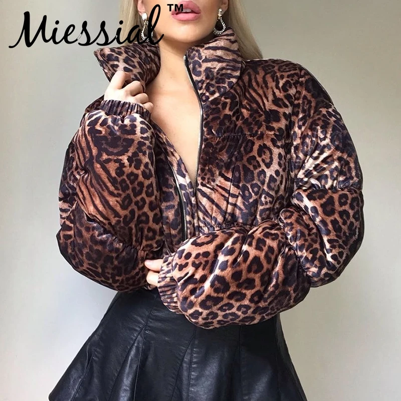 Miessial леопардовая Базовая модная куртка со стоячим воротником Женская зимняя