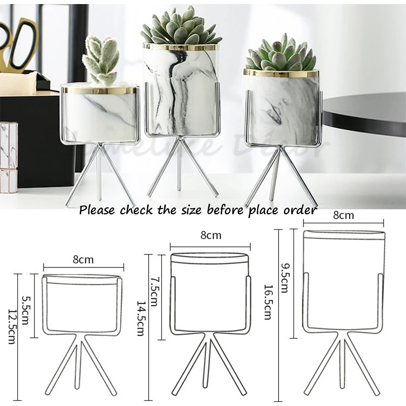 Набор из 3 шт. белых мраморных керамических цветочных горшков с железной