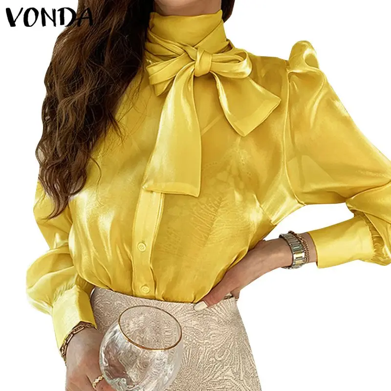 

VONDA 2021 Women'Blouse Sexy Lace Party Satin Shirts Summer Puff Sleeve Tops Blusas Femininas