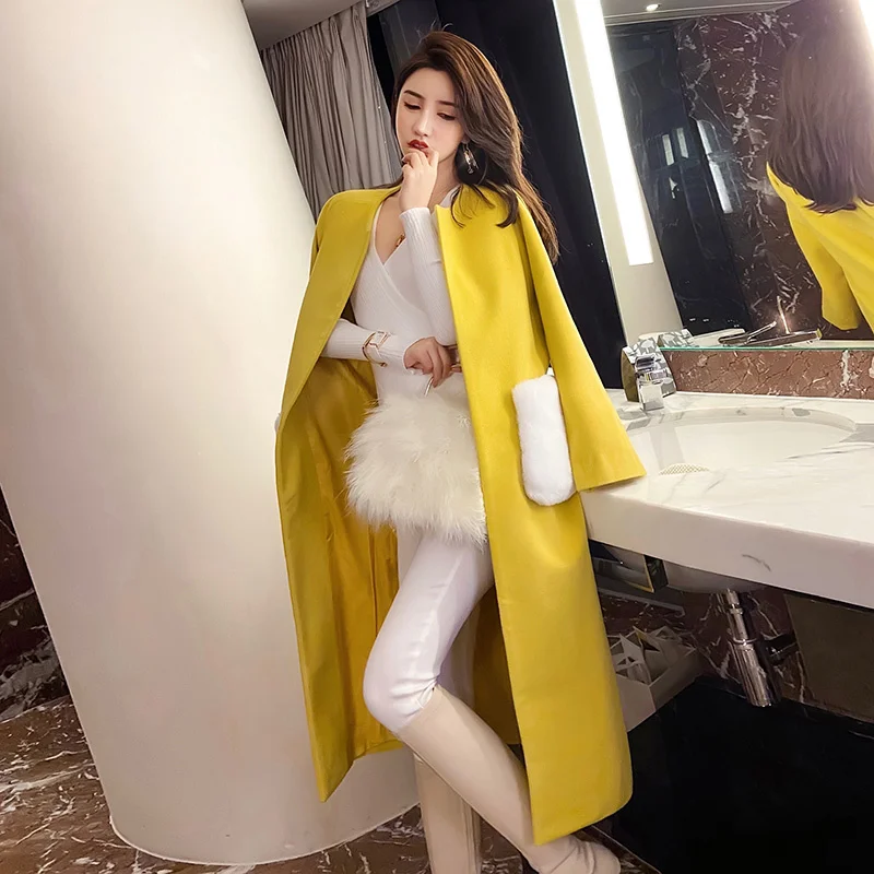 

Женское твидовое пальто средней и длинной погоды, желтое тонкое шерстяное плотное пальто для женщин на осень и зиму, 2021