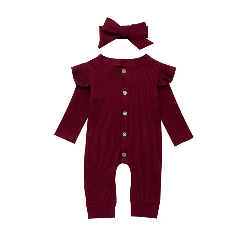 Newborn Baby Girls Boys Clothes Knitted Ruffle long sleeve Button round neck Romper solid bow Headband 2pc kids Autumn Outfits | Детская
