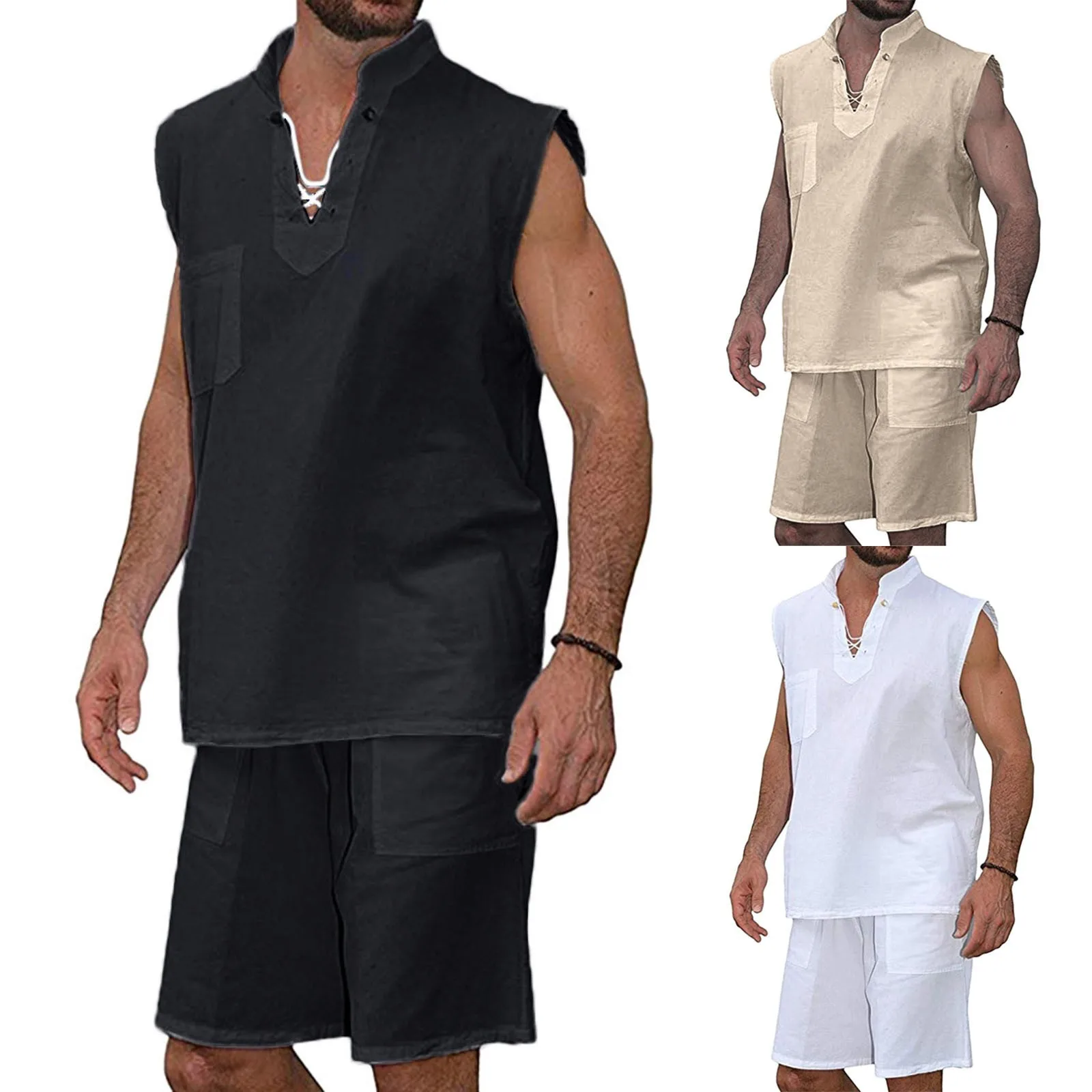 

Men's Sleeveless Vest Sets Solid Color Cotton Linen Top And Cotton Linen Shorts Set Men clothing футболка мужская ropa hombre