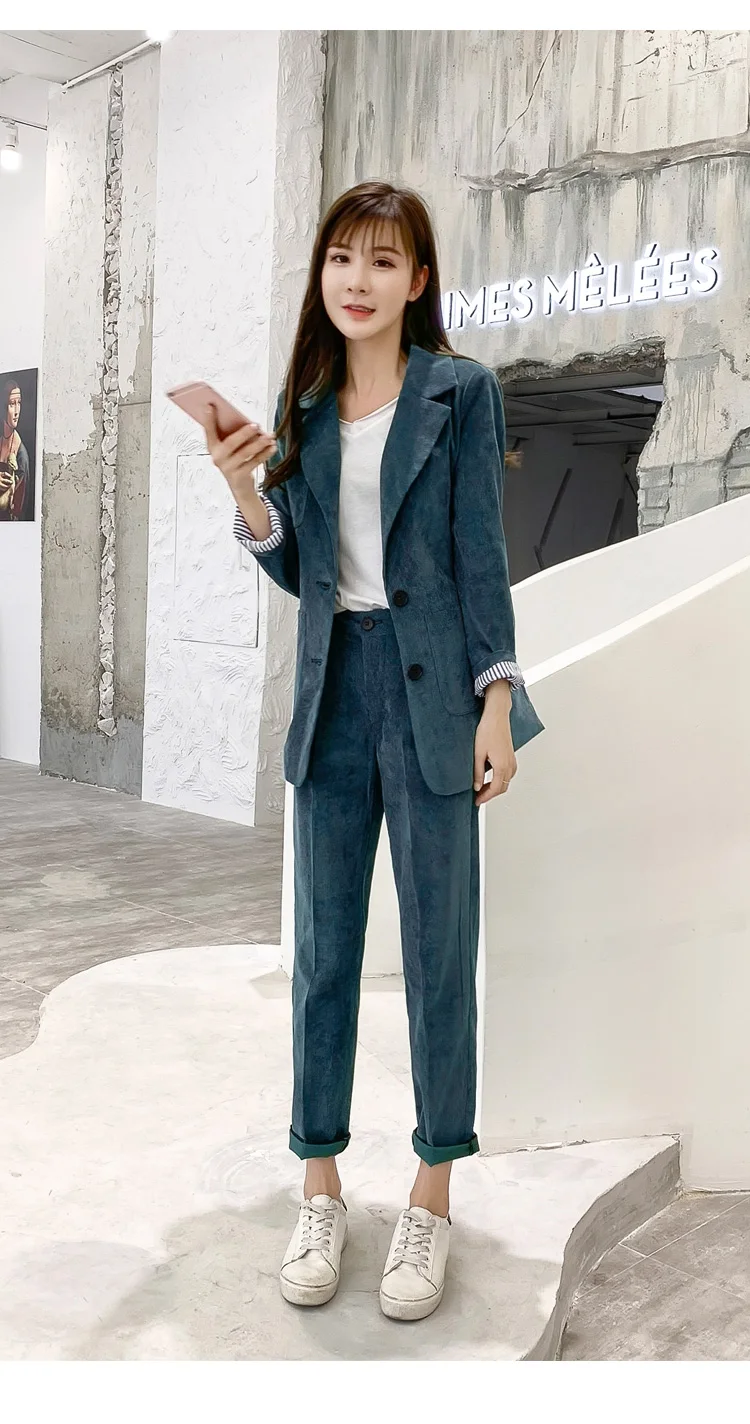 Корейский S-XL размера плюс вельветовый осенний Блейзер костюм Женский Длинный блейзер пальто+ кнопки карандаш брюки из двух частей набор для женщин Весна