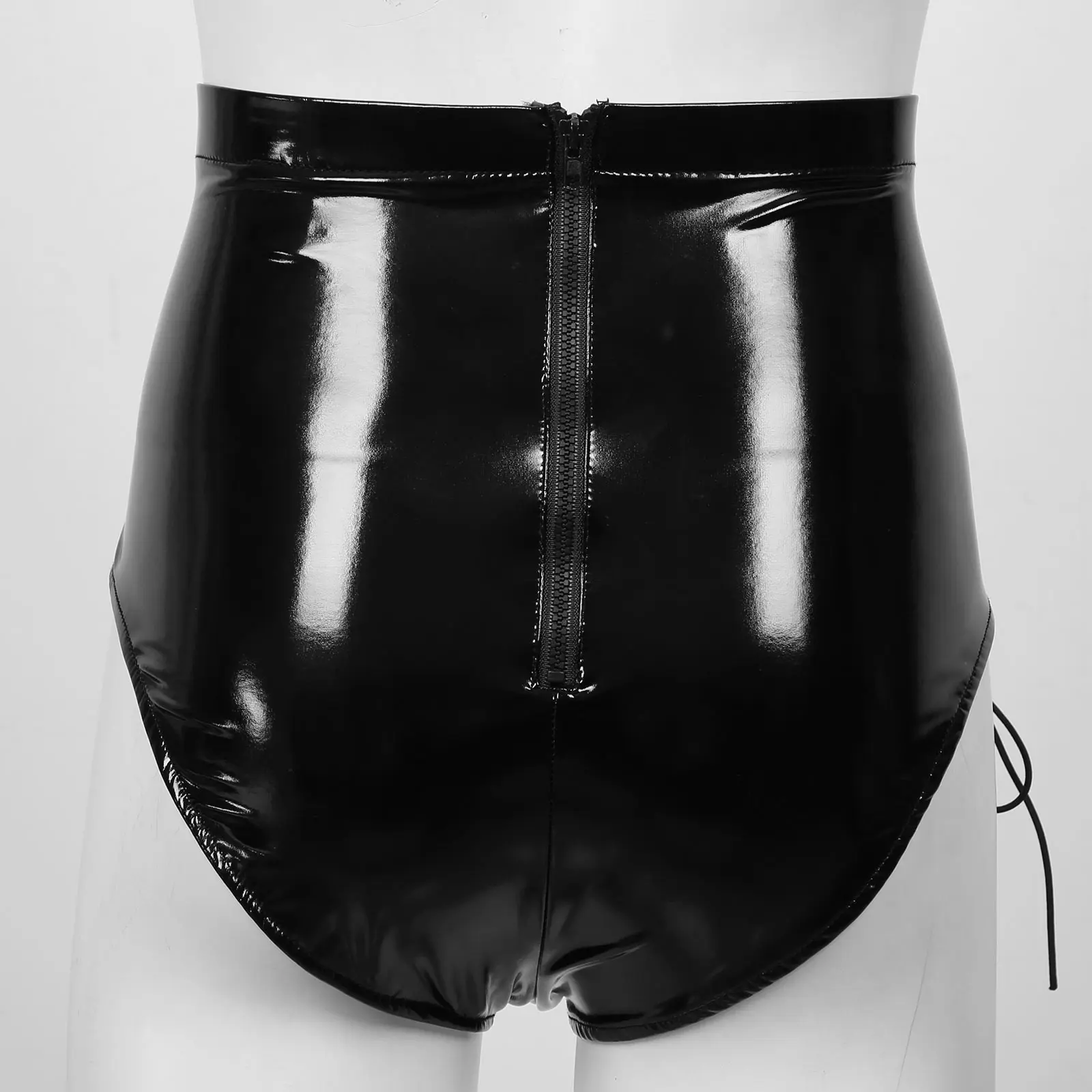 

Womens Lingerie Sexy Lace-up Rave Shorts High Waist Briefs Front Back Zipper Hot Patent Leather Pants Stage Performance Clubwear
