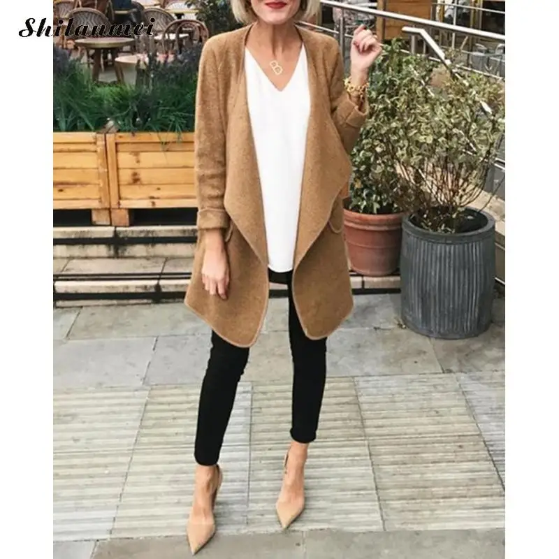 

Women Wool Blend Coat 2019 Autumn Winter Casual Loose Female Coat Lapel Collar Long Overcoat Ladies Elegant Work Casual Outwear