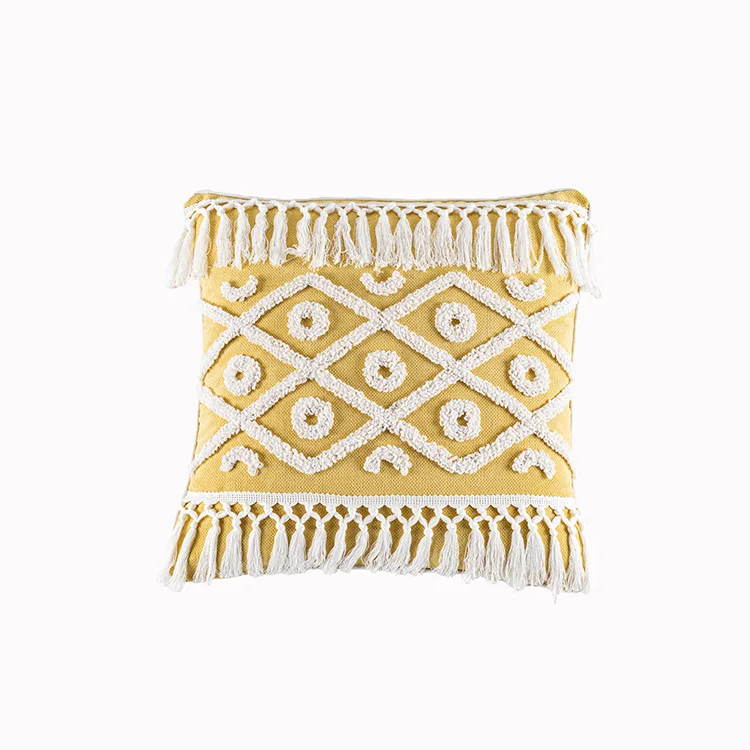 

Moroccan Style Cushion Cover Yellow Pillowcase Diamond Tassel Square Pillowcase 45*45CM Home Decoration