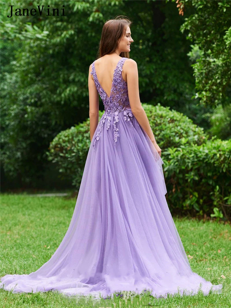 JaneVini очаровательные сиреневые длинные платья для выпускного вечера с v-образным