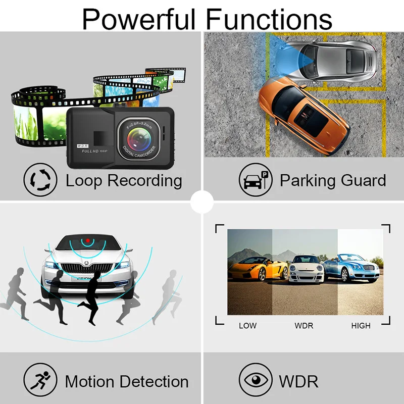 E-ACE 3-дюймовый Автомобильный видеорегистратор Портативный с ночным видением Full HD