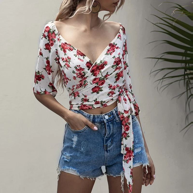 

Women Summer Floral Boho Blouse Sexy Deep V Neck Half Sleeve Crop Top Front Tie Up Knot Blouse