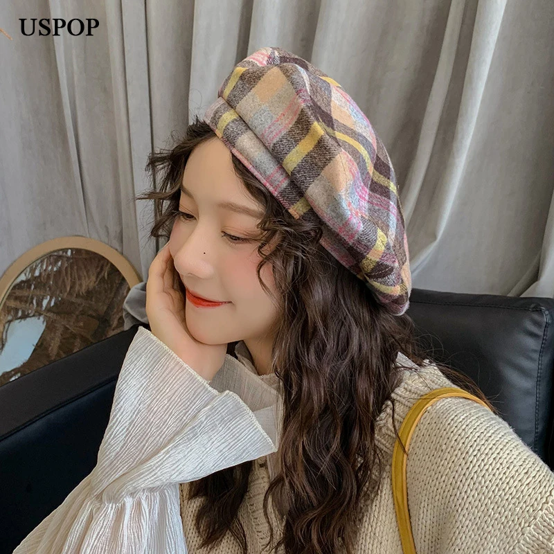 Новинка USPOP клетчатые береты модные женские шерстяные повседневный осенне