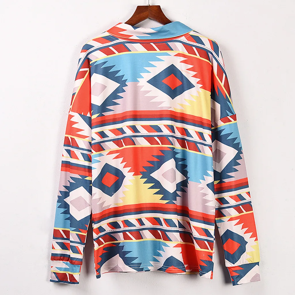 

FREE OSTRICH Blouse Women Retro Ethnic Style Zipper Long Sleeve Tops Female Vintage Print Blouse Autumn Clothing Plus Size