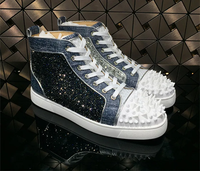 SHOOEGLE/роскошная мужская обувь с кристаллами и шипами Красные белые кроссовки на