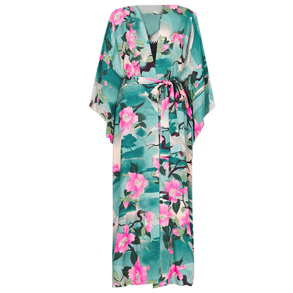 

2020 Women Summer Flare Sleeve Beach Dress Bathing Suit Print Kimono Beach Cover Up Chiffon Bikini Pareos Saida De Praia #T1G