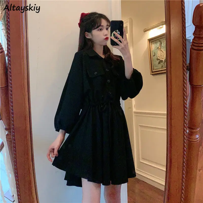 

Женское платье до колен с длинным рукавом, изящные винтажные милые студенческие элегантные плиссированные платья на пуговицах в Корейском ...