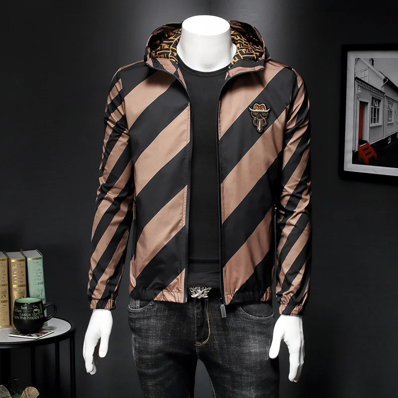 

Men's Great Brand Designer High Quality Men Hooded Striped Zipper Mans Jacket with Hat Outerwear Coat 4XL 5XL 2553