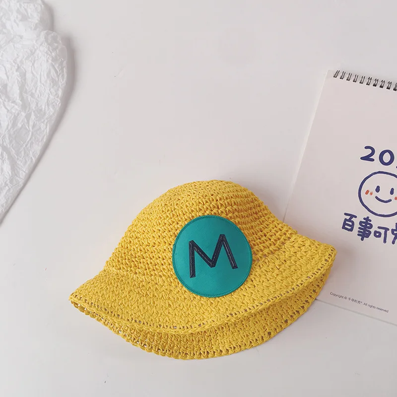 

Fluorescent Color Round Label Letters Children's Big-edge Fisherman's Straw Hat Summer Outing Boys and Girls Sunbath Hats