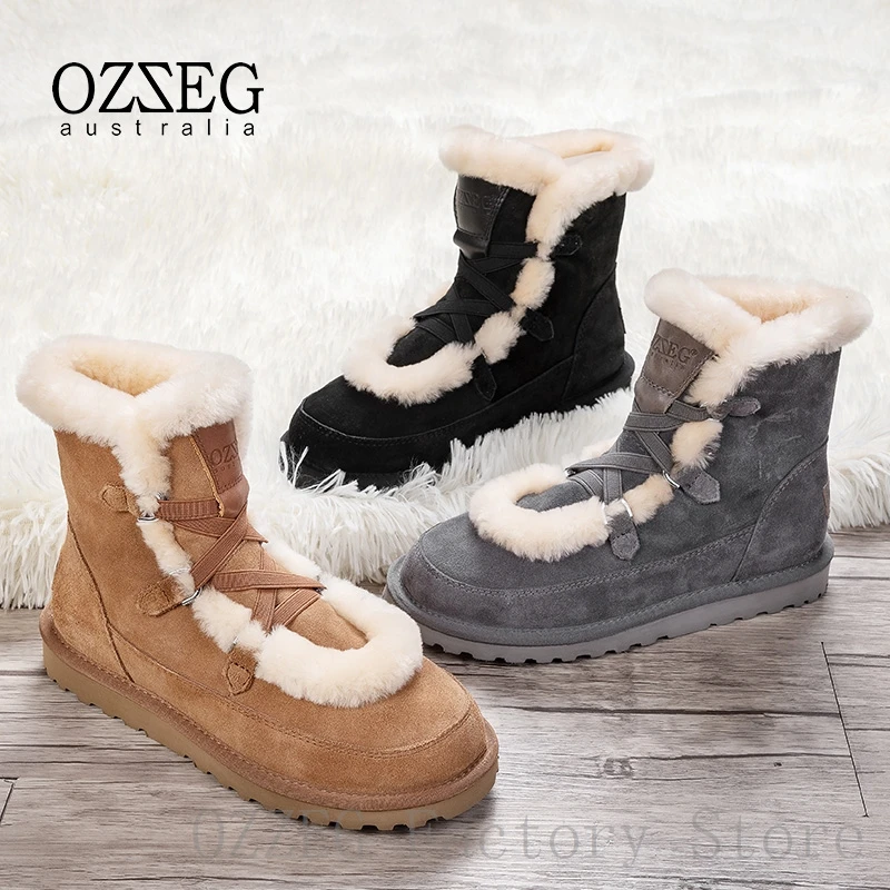 

OZZEG Luxury Brand Designer Snow Boots Women Australia Sheep Fur Lining Real Leather Upper Furry Winter Shoes Woman Top Quality