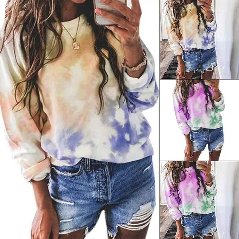 

Women Street Tie Dye Printed Sweatshirt Top 2020 Autumn Female Loose Casual Long Sleeve Pullover Thin Tops Streetwear Sweatshirt