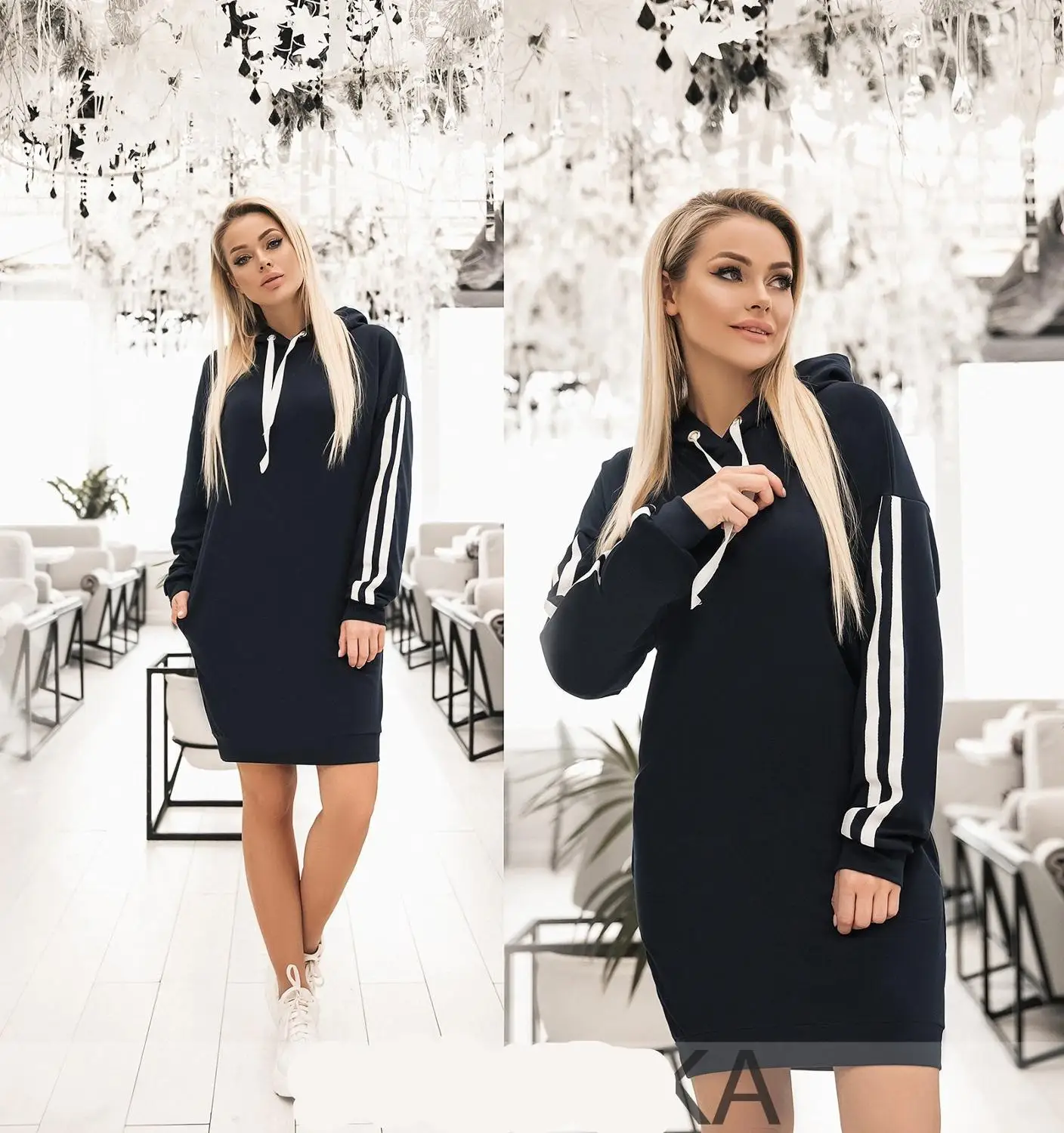 

Women Spring Autumn Side Stripe Drawstring Hooded Sweatshirt Dress