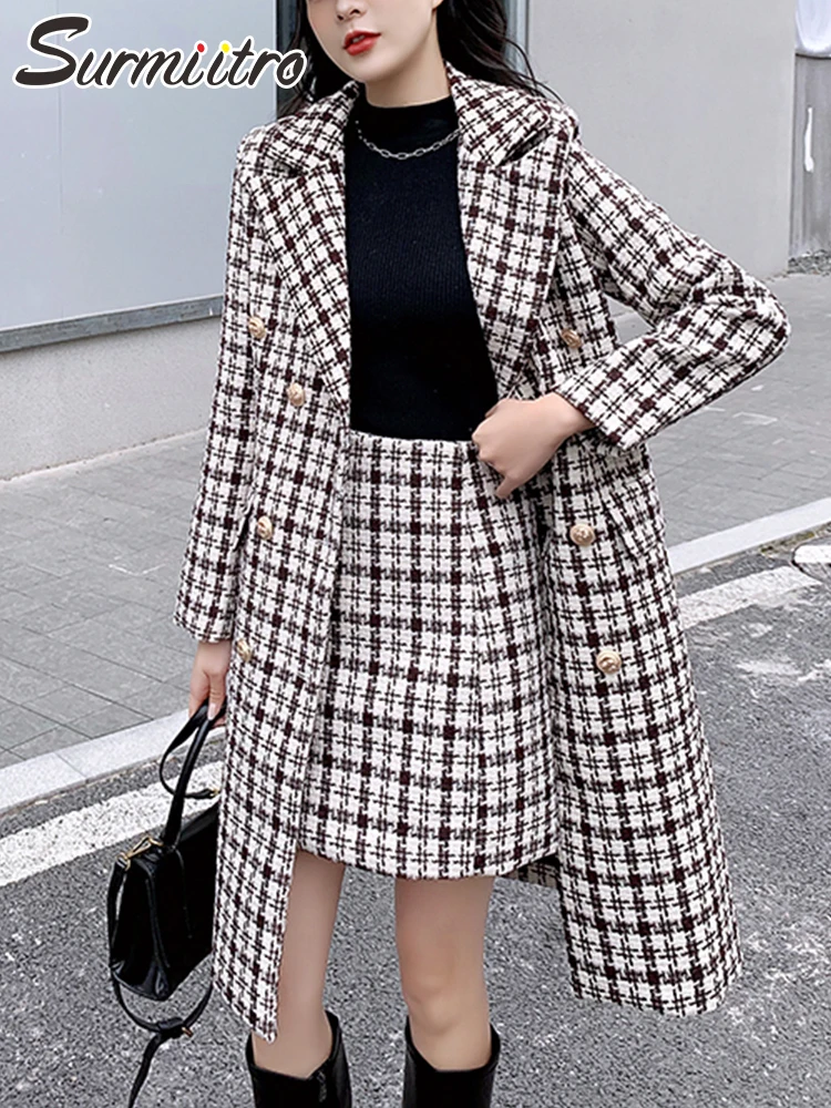 

SURMIITRO 2 Piece Set Women 2021 Autumn Winter Vintage Houndstooth Plaid Long Woolen Coat & Mini A Line Skirt Female