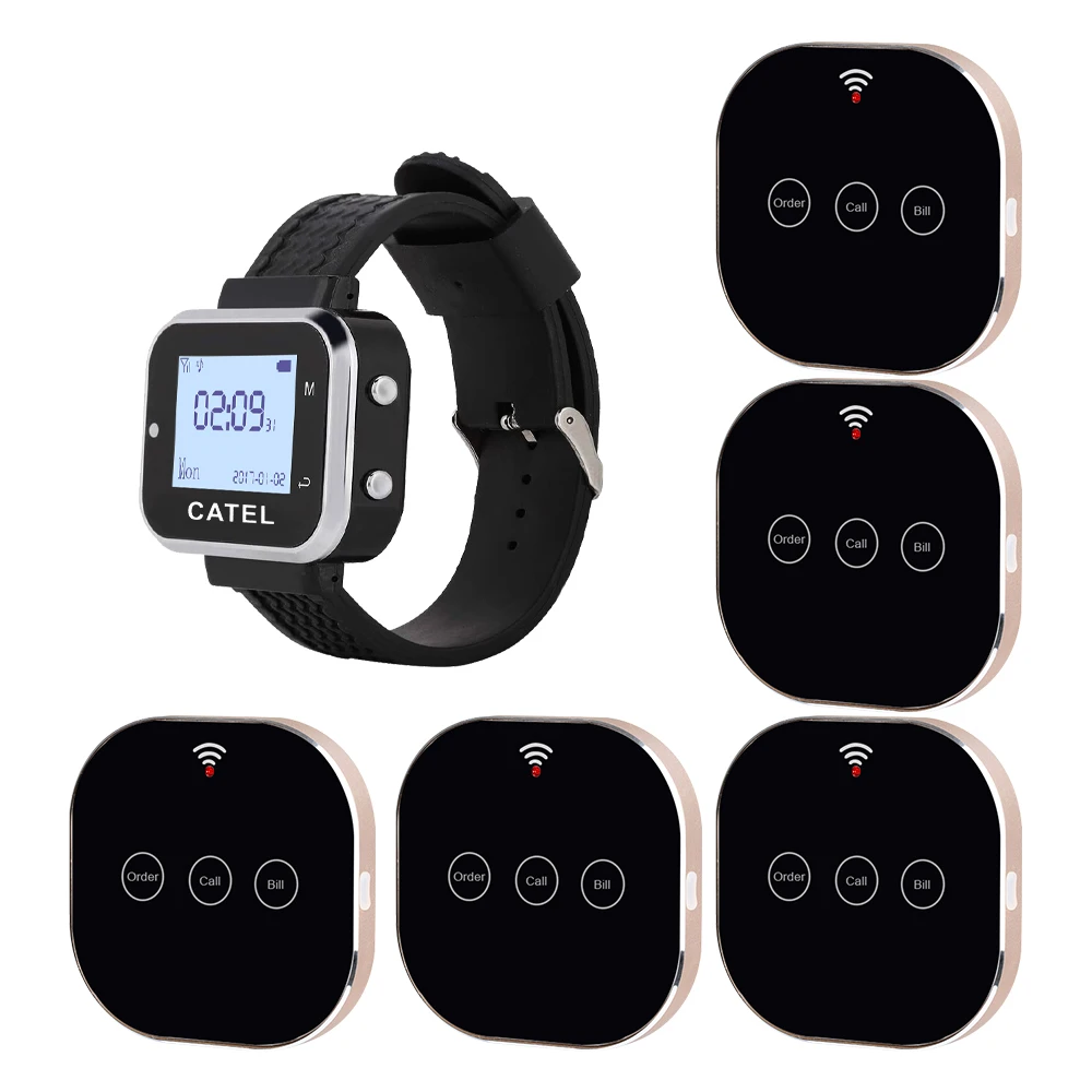 CATEL 1 Watch 5 pcs of Touchable Wireless Calling System Call Button Transmitter Pager Restaurant Waiter Service Bell, Buzzer