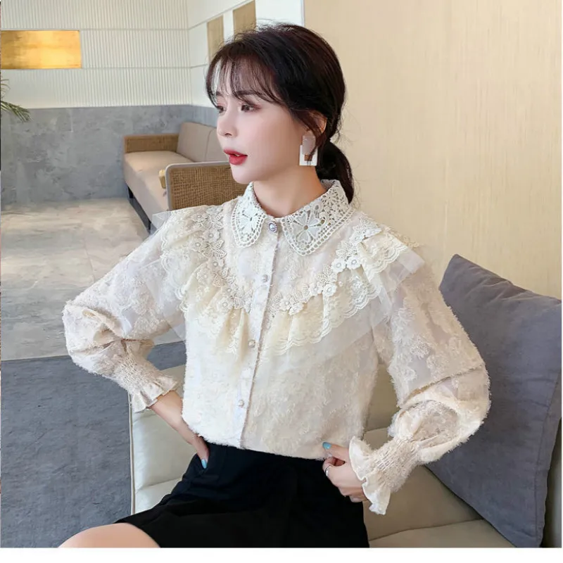 

Chiffon Blouse Women 2021 Autumn Long Sleeve Women Shirt Blusas Solid Apricot Tops Fairy Office Lady Clothing with Button Y69