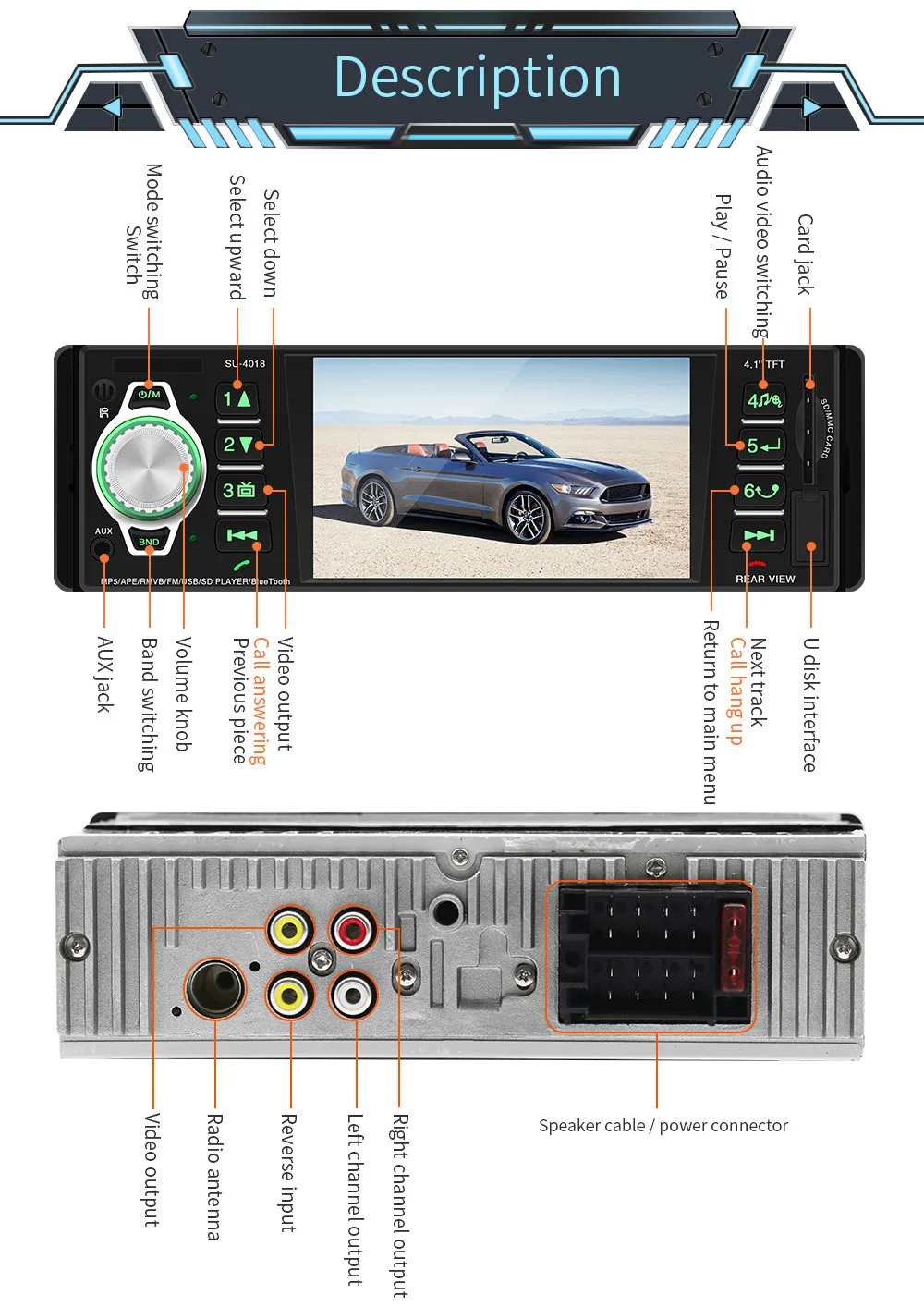 1 Din FM радио автомобиля 4 дюйма TFT экран Bluetooth Mp5 плеер USB/SD AUX Стерео Авторадио