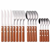 yellow wooden handle spoon dinnerware set stainless steel tableware western home kitchen 16pcs knifes forks luxury cutlery set