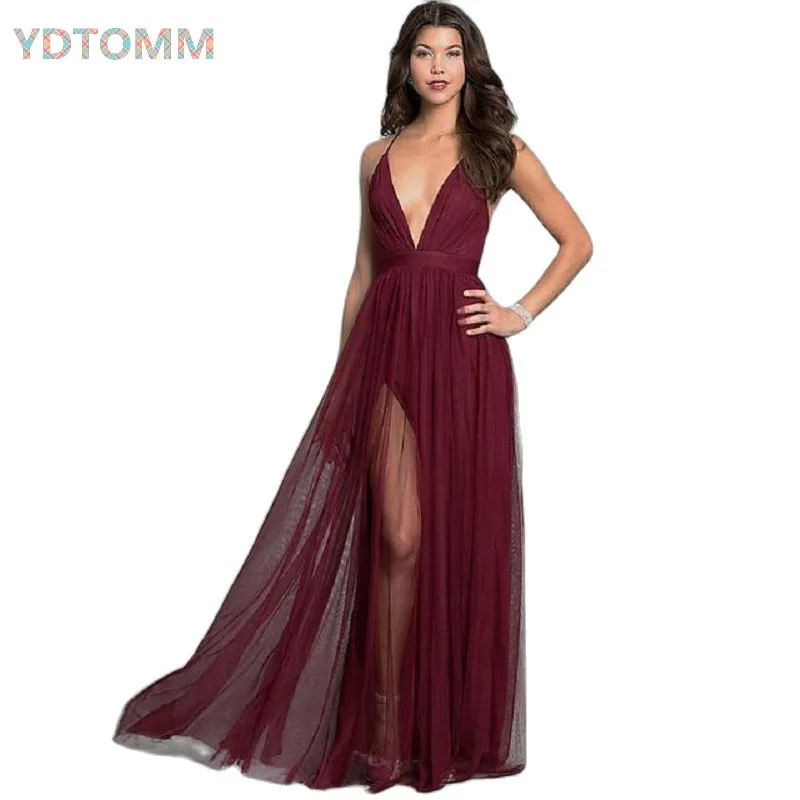 

Sexy Red Long Dress for Wedding Party for Woman Mesh See Through Robe Femme Deep V Neck Backless Maxi Spaghetti Strap Dress