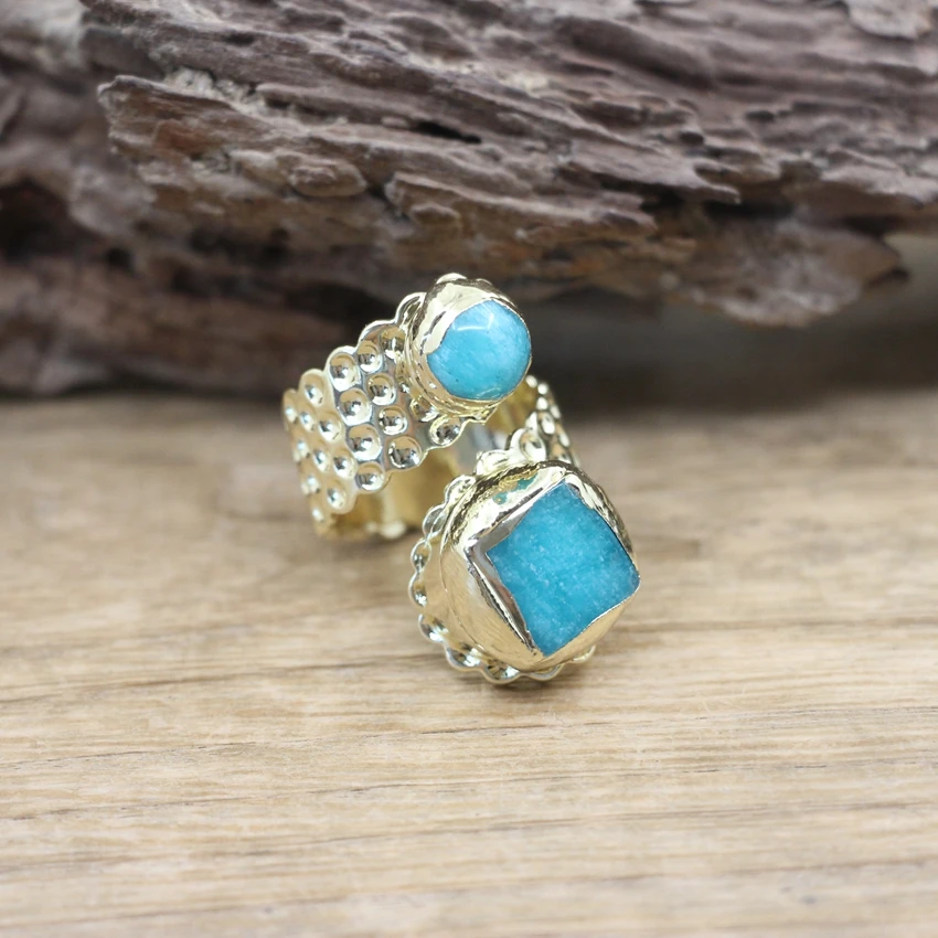 

Natural Amazonite&Pearl Open Golden Ring Blue Turquoises Stone Resizable Finger Rings Fashion Men Jewelry Dropshipping,QC4070
