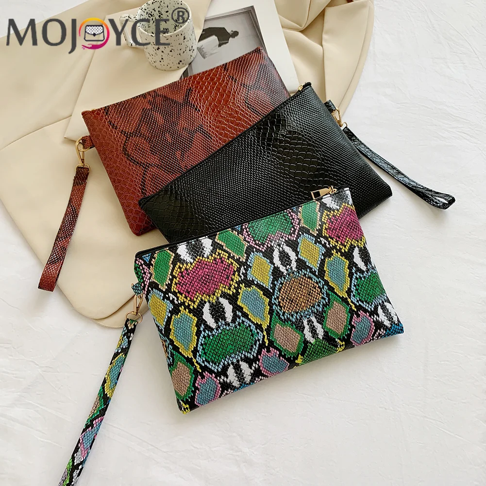 

Fashion Women PU Leather Envelope Clutches Casual All-match Snake Printing Wristlet Bags Portable Travel Zipper Day Pouch