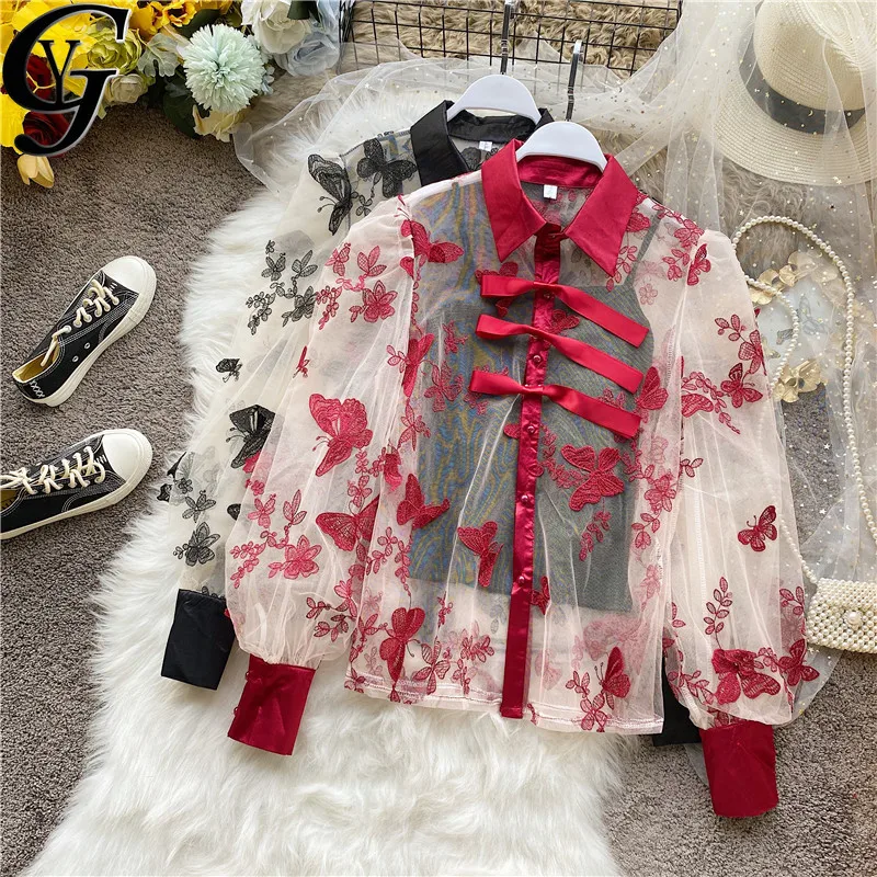 

2021 Korean Fashion Butterfly Embroidery Transparent Sexy Tops Women Blouse Elegant Lapel Collared Female Shirt Chemisier Femme