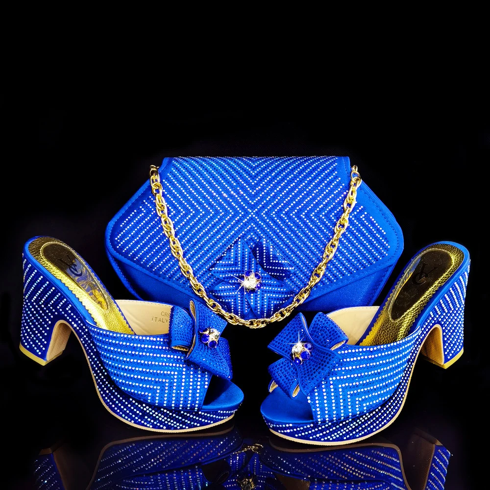 VENUS CHAN 2022 Newest Luxurious and elegant Vintage court rhinestone accessories Ladies Shoes and Bag Set in Royal Blue Color