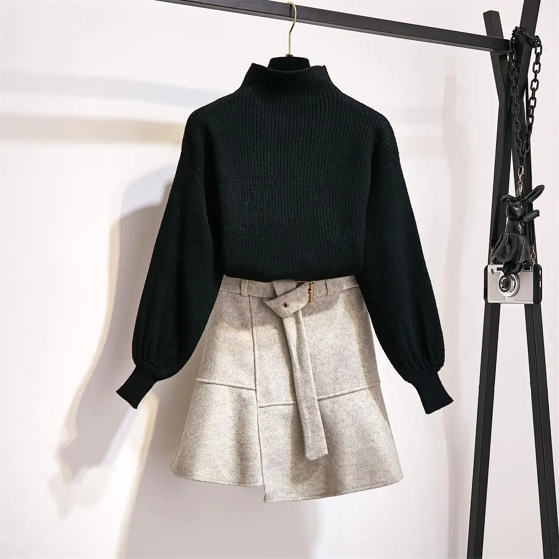 black gray New Winter Pullover Sweater& Woolen Cloth Lantern Sleeve Knitted Top Irregular Skirt Suit With Belt Outfit Casaul Clothes - Цвет: black gray