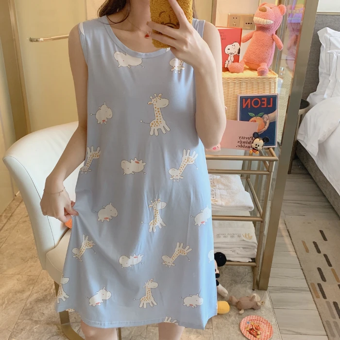 

Pajamas Women Sleeveless Round Neck Loose Knee-Length Pullover Pajamas Dress