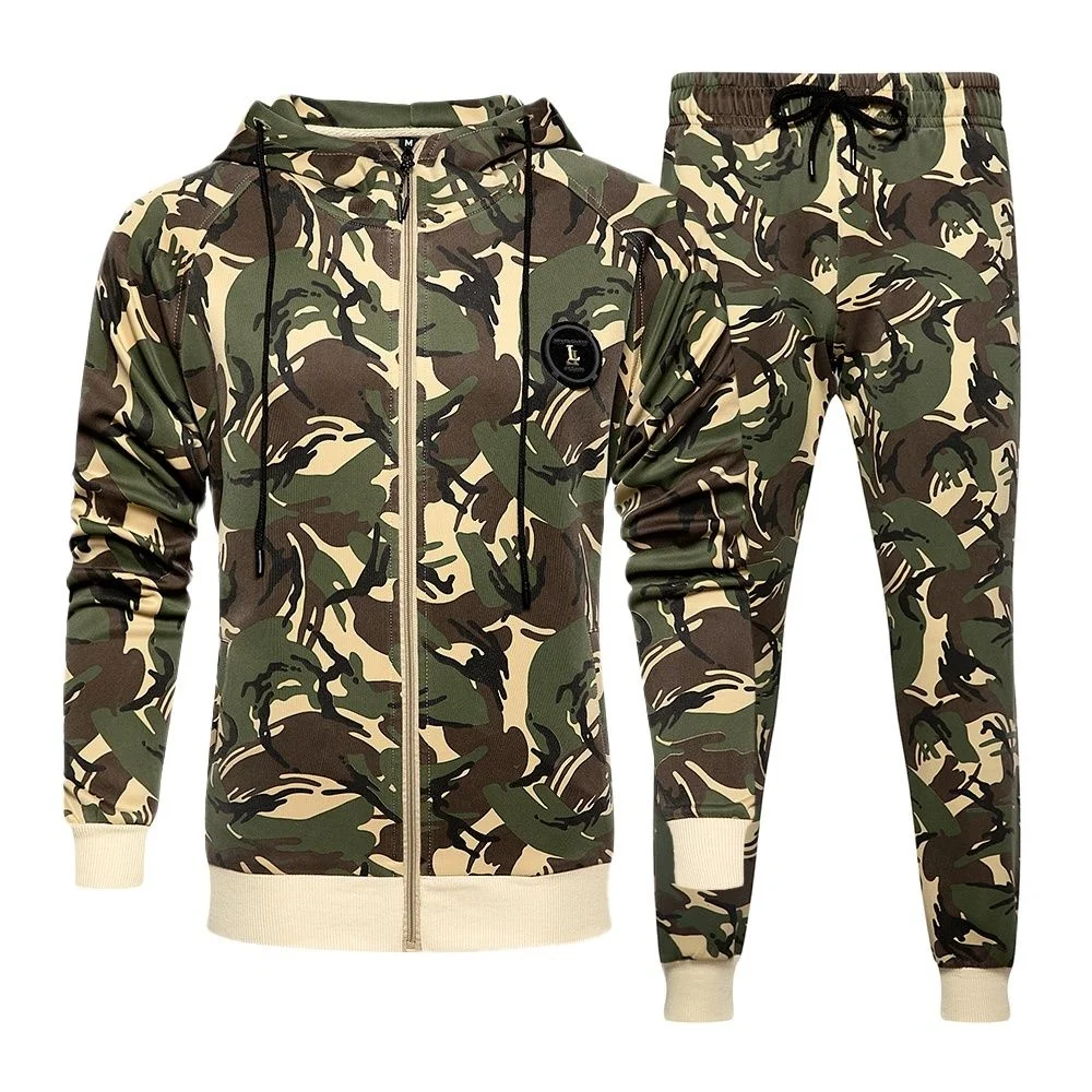 

2021 men's new casual sports hooded suit camouflage zipper cardigan sweater sportswear two-piece suit men