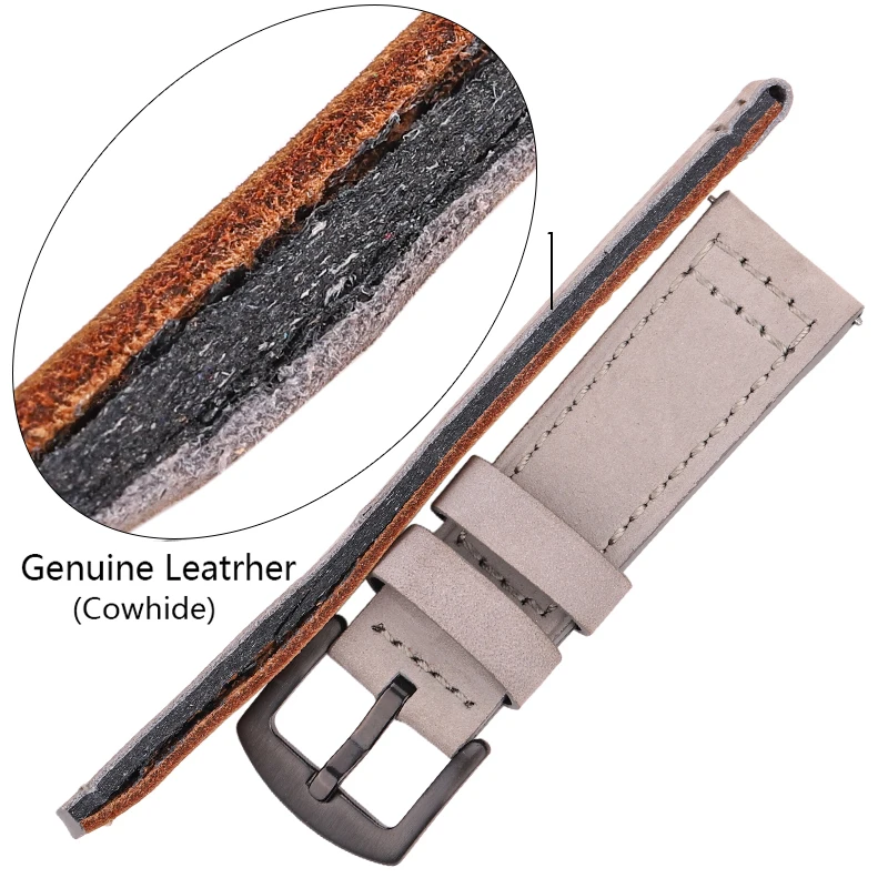 HENGRC Genuine Leather Watchbands Bracelet Black Blue Gray Brown Cowhide Watch Strap For Women Men 18 20mm 22mm 24mm Wrist Band