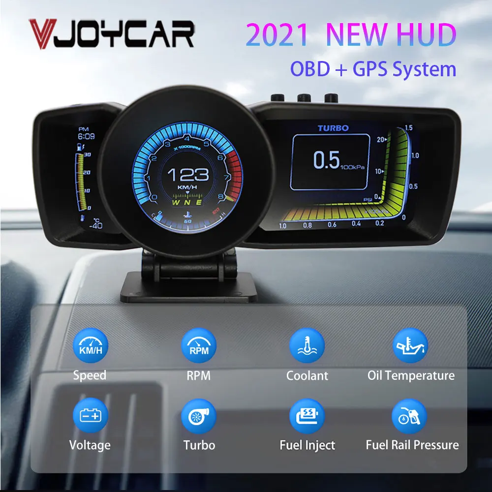 Vjoy Hawk 2.0 Car HUD Multi-Function Dashboard Head Up Display OBD2+GPS Smart Speedometer Auto Gauge Alarm System Turbo Boost