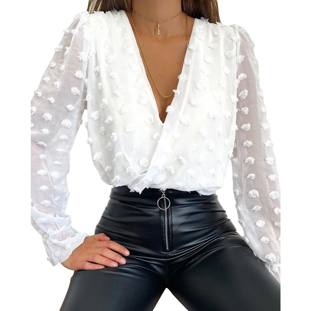 

Women New Fashion Elegant Chiffon Blouses Long Sleeve cross V-Neck OL Shirt Office Blouse Slim Casual Female Polka Dot Top D30