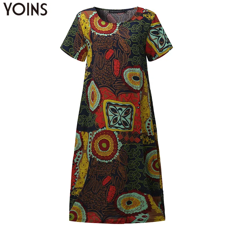M-5XL2019 YOINS Новое Женское платье с круглым вырезом и цветочным принтом с коротким рукавом из хлопка и льна Повседневное Платье До Колена мешковатое Платье-туника размера плюс