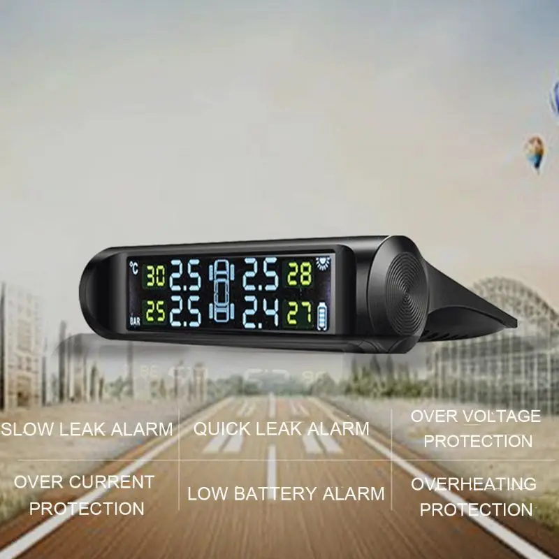 Солнечная Беспроводная TPMS автомобильная система контроля давления в шинах w/4 Внутренний датчик
