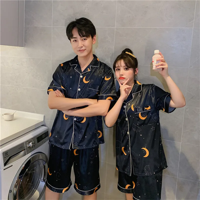

High Quality Casual Home Wear Pajamas Set Couple Ice Silk Pajamas Women Short Sleeve Shorts Cardigan two-piece suit Pajamas Sets