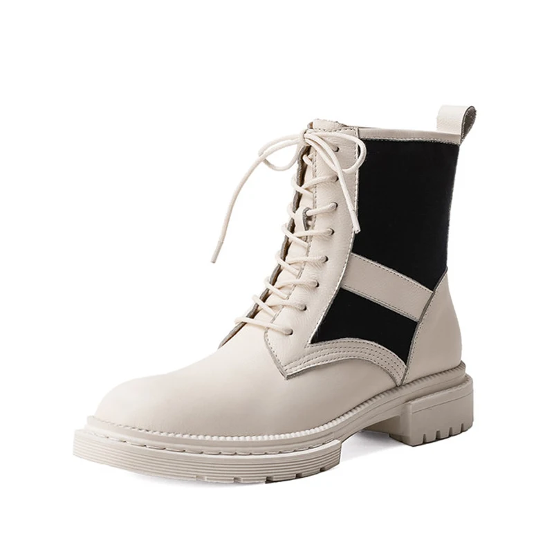 

FOREADA Real Leather Motorcycle Boots Woman Platform High Heel Ankle Boots Chunky Heel Shoes Lace Up Short Boots Female Beige 40