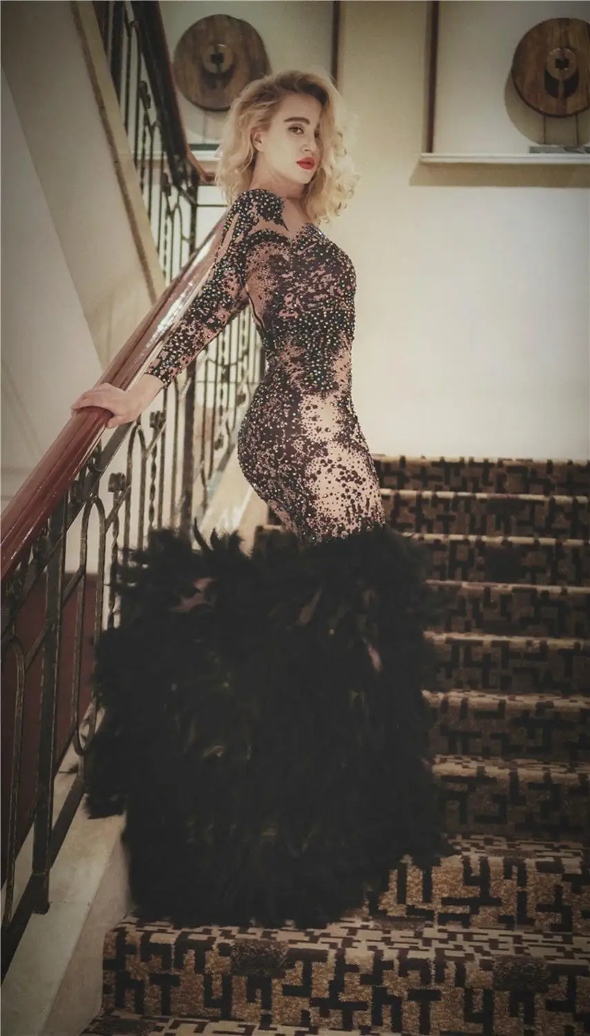 Блестящее платье труба с перьями женское сексуальное черное длинное для ночного