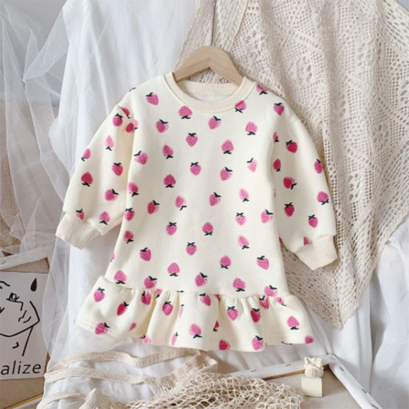 

Toddler Kids Baby Girl Sweatshirt Dress Strawberry Pattern fFeece Lined Tops Long Sleeve Pullover Dress