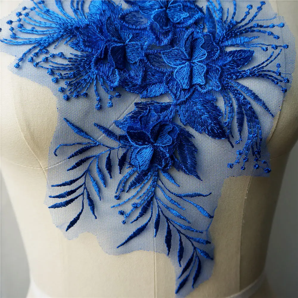Ярко голубая кружевная ткань 3D Цветочная кисточка вышитый воротник сетчатая
