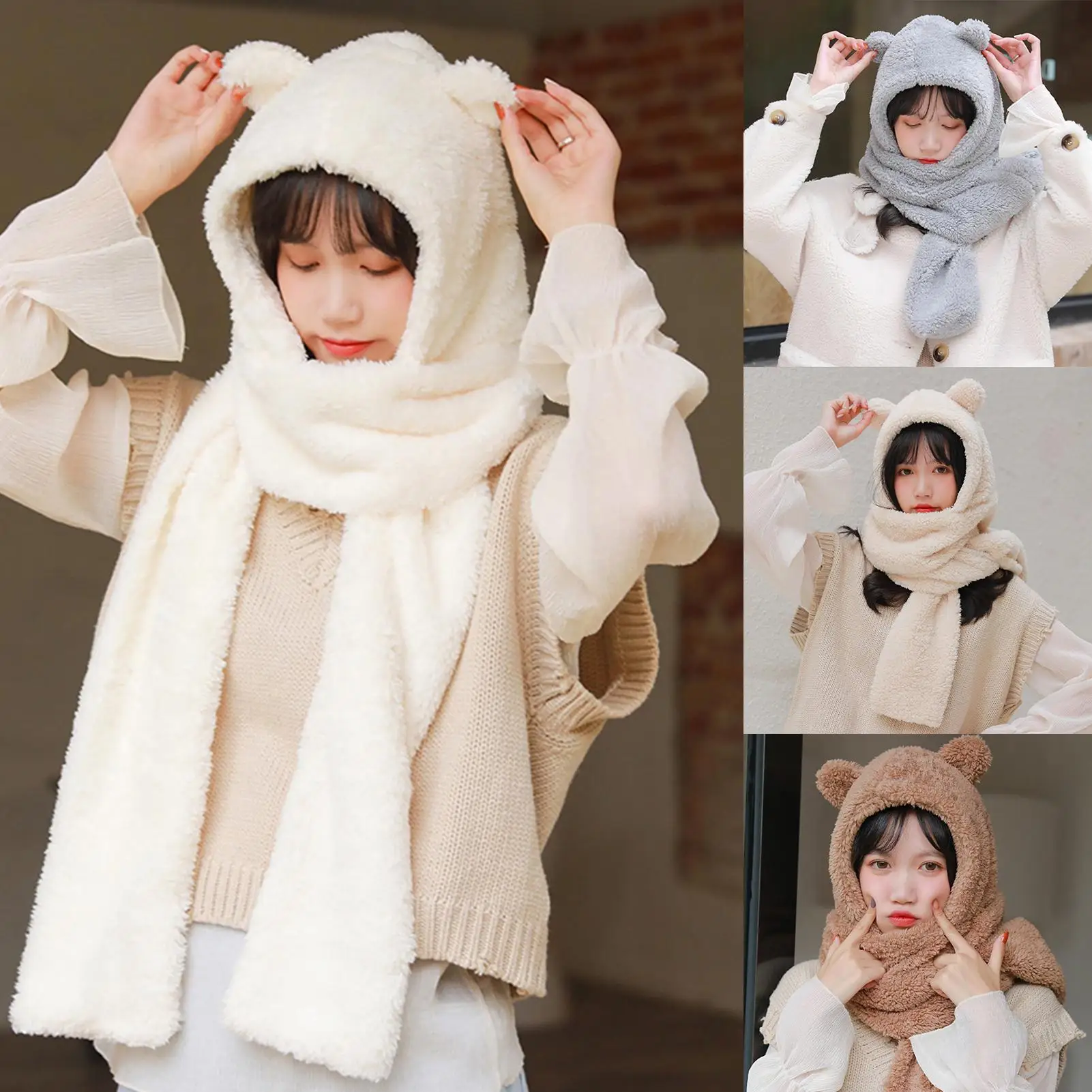 

Winter plush hat warm thick hat scarf all-in-one hat Bear hat with ears cute cartoon toy Warm hat cute funny hat birthday gift