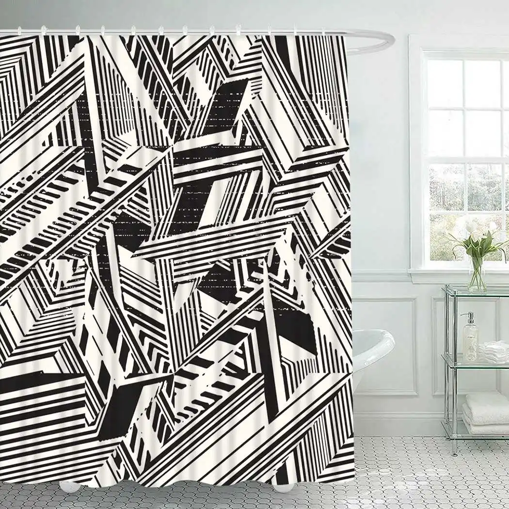 

Abstract Shower Curtain With Hooks for Bathroom Black Striped Waterproof Polyester Bath Shower Curtain Set Home Bathroom Decor