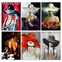 sdoyuno acrylic diy painting by numbers with frame hat women wall art picture handpainted oil painting for home decors diy gift