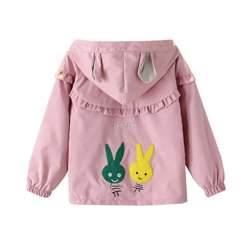

Girls Spring And Autumn Jackets Korean Style Fashion Cute Rabbit Ear Windbreaker kids hooded lace pricess Tops